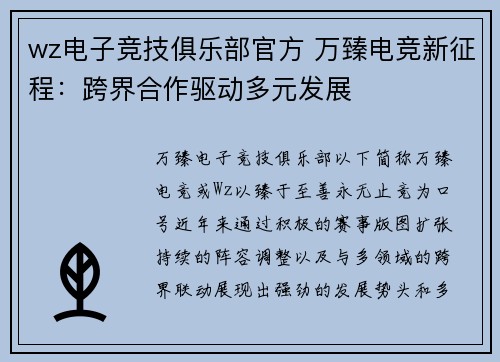 wz电子竞技俱乐部官方 万臻电竞新征程：跨界合作驱动多元发展